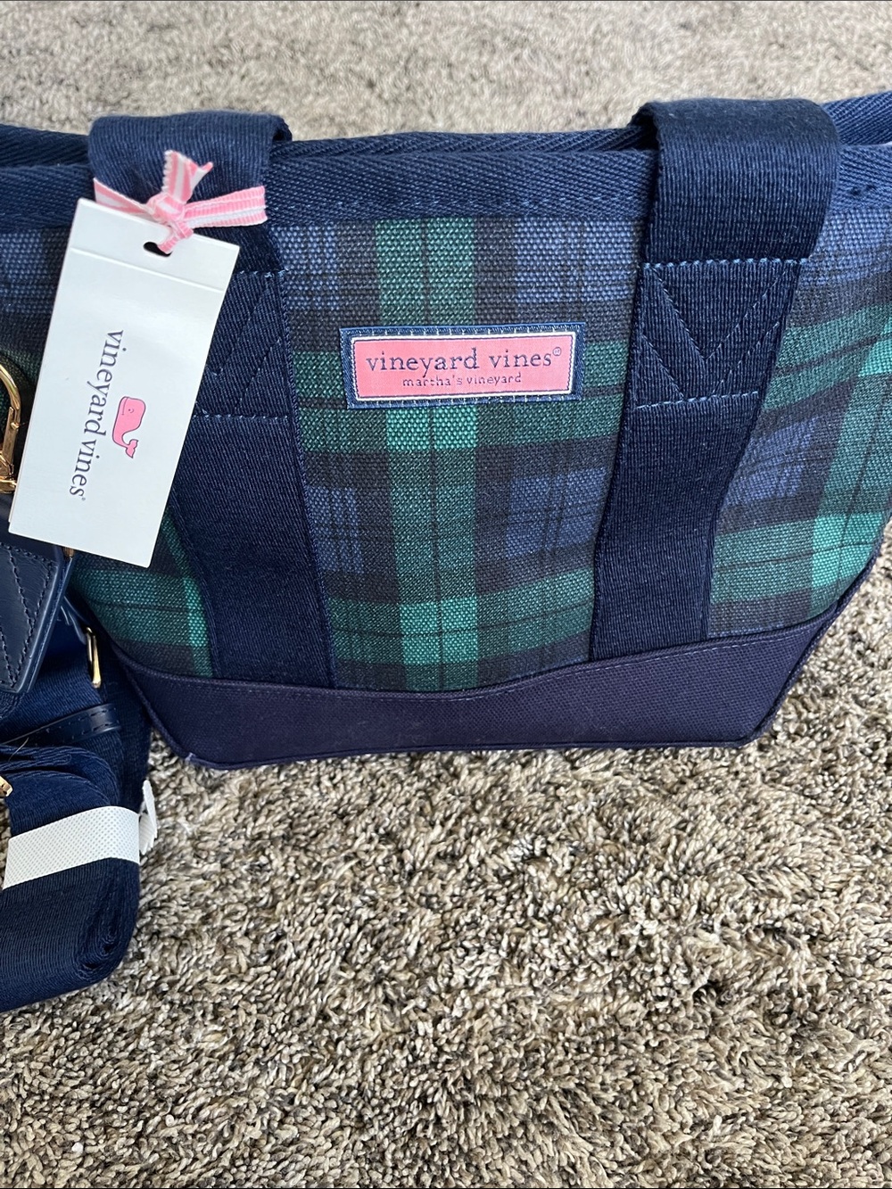 Vineyard Vines Blackwatch- navy/Green Plaid mini tote Canvas with Pink Logo. New